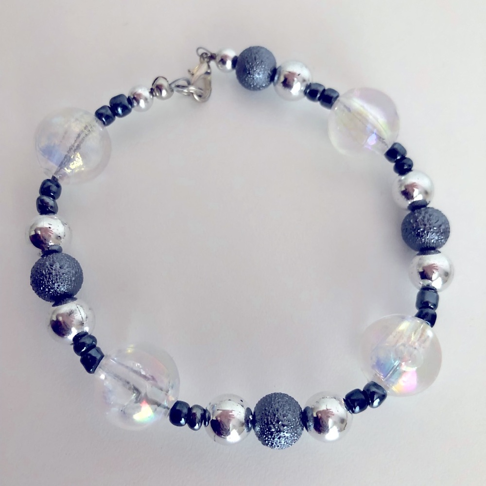 NEW Handcrafted Beaded Clasp Bracelet Clear Charcoal Blue Grey